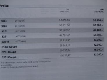 BMW 316i-325i,325td E36 Limousine + 318is 320i 325i Coupé Preisliste Januar 1992