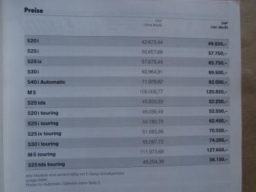 BMW 520i 525i ix 530i 540 M5 525tds +Touring E34 Preisliste September 1992