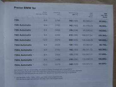 BMW 728i-750iL,730d E38 +840Ci 850Ci E31 Preisliste  1.9.1998