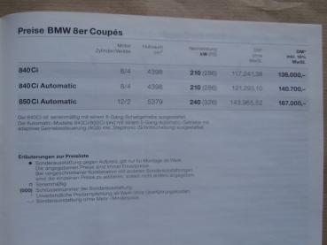 BMW 728i-750iL,730d E38 +840Ci 850Ci E31 Preisliste  1.9.1998