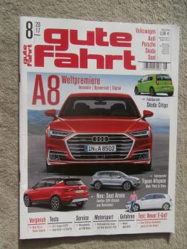 gute fahrt 8/2017 E-Golf,911 Targa 4 GTS,Seat Ibiza 1.0 ecoTSI,A6 v.s Superb,Arona,Skoda Citigo,RS5 Coupé,A8,Caddy Mini Camper