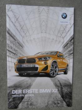 BMW X2 sDrive18i 20i 180d xDrive18d 20d Preisliste Juli 2018 F39