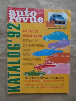 auto revue 3/1992 Audi 100TDI Typ C4, Honda Civic VEi, BMW 325i Coupé E36,Peugeot 106XSi,Escort,Colt,Rover 800,
