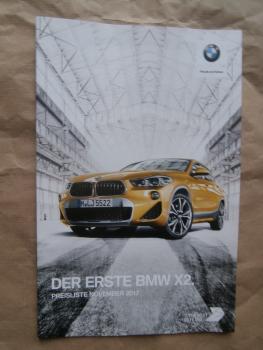 BMW X2 sDrive20i xDrie20d 25d F39 Preisliste November 2017