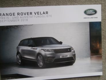 Land Rover Range Rover Velar September 2018 S SE HSE +R-Dynamic Preisliste