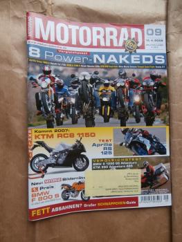 Motorrad 9/2006 Aprilia RS125, KM RC8 1150,VG: Aprilia Tuono 1000R vs. Benelli TnT 1130 vs. K1200R vs. Monster S45r