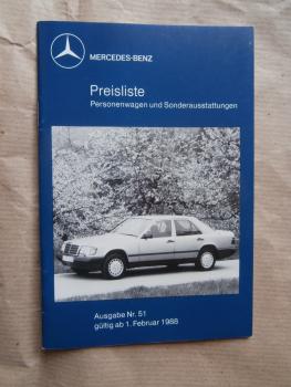 Mercedes Benz Preisliste 1.Februar 1988 190D-190E 2.3-16 W201, 200d-300E 4Matic +T W124,250d,230E/260E