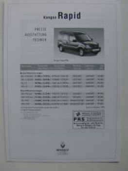 Renault Kangoo Rapid Preisliste Oktober 1999 NEU