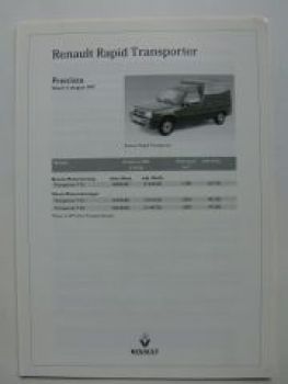 Renault Rapid Transporter Preisliste 11.8.1997 NEU