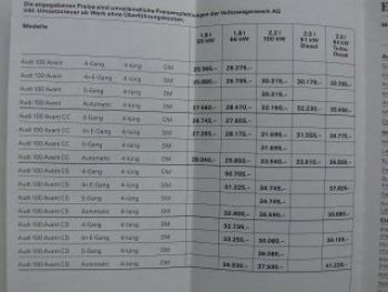 Audi Preisliste 100 Avant Typ44 12.September 1983