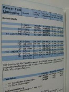 VW Preisliste Passat Limousine als Taxi Januar 1999 3B2