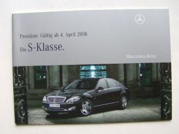 Mercedes Benz Preisliste S-Klasse BR221 April 2008 NEU