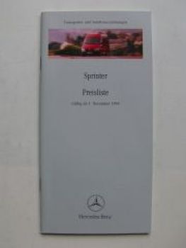 Mercedes Benz Preisliste Sprinter alle Modelle November 1999