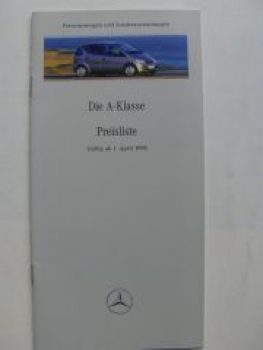 Mercedes Benz Preisliste A-Klasse BR168 April 1998