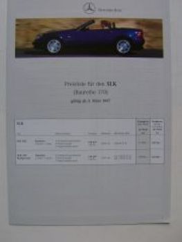 Mercedes Benz Preisliste SLK R170 200 230 Kompressor 3/1997