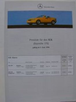 Mercedes Benz Preisliste SLK R170 200 230 Kompressor 6/1996