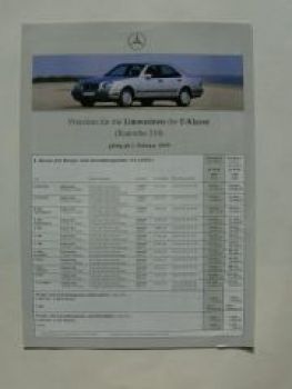 Mercedes Benz Preisliste E-Klasse Limousinen W210 Februar 1999