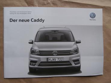 VW Caddy Typ 2K Facelift Preisliste Modelljahr 2016