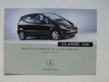 Mercedes Benz Preisliste A-Klasse Classic style BR168 März 2002