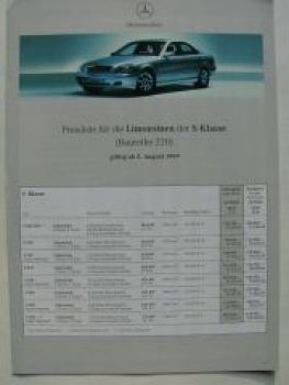 Mercedes Benz Preisliste S-Klasse BR220 August 1999