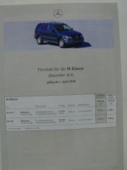 Mercedes Benz Preisliste M-Klasse BR163 April 1998