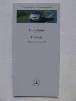 Mercedes Benz Preisliste A-Klasse BR168 Februar 1998 NEU