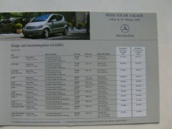Mercedes Benz Preisliste A-Klasse BR168  Februar 2003