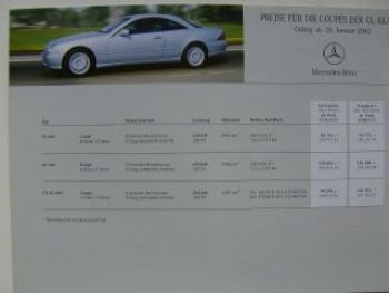 Mercedes Benz Preisliste CL-Klasse Coupés BR215 Januar 2002