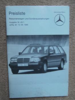 Mercedes Benz Preisliste 12.9.1985 W201,W124 +T-Modelle W126 +C126 +R107