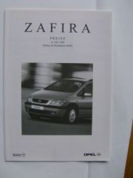 Opel Zafira A Prospekt +Preisliste Juni 1999