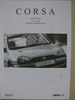 Opel Preisliste Corsa B Juli 1999 NEU