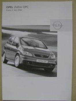 Opel Preisliste Zafira OPC Mai 2004 NEU