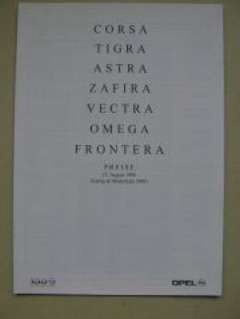 Opel Preisliste alle Modelle August 1999 NEU