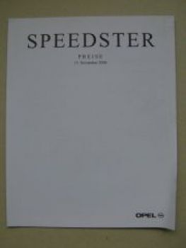 Opel Preisliste Speedster November 2000 NEU