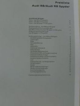 Audi Preisliste R8 4.2FSI 5.2FSI +Spyder Januar 2010 NEU