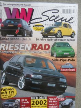VW Scene 3/2002 30jahre Gelbschwarzer Renner,VW Phaeton,Golf3 VR6 Cabrio,G40 Polo,T4 VR6 Multivan,VW Brasilia L Typ3