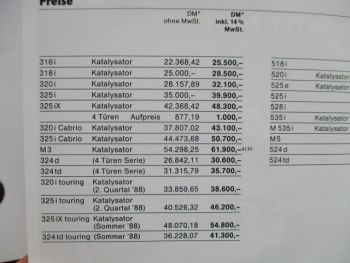 BMW 316i katalysator-M3 E30,touring,Cabrio,518i-M535i Kat E28,524d/td +Edition,E32,E24 Preisliste Oktober 1987