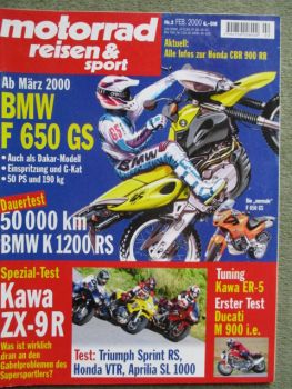 motorrad reisen & sport 2/2000 Triumph Sprint RS,Honda VTR,Aprilia SL1000,Kawas ER-5 Tuning,Ducati M 900 i.e.,BMW F650GS
