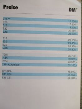 BMW 315-323i E21 Preisliste 5.Februar 1981 +518-528i E12,728i-745i E23,628-633-635CSI E24