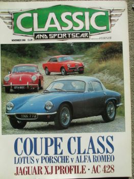 Classic & Sports Car 11/1986 Jaguar XJ Profile,AC 428,MG 18/80,Renault 4,Lotus,Alfa Romeo,Porsche