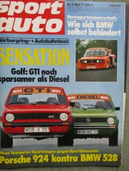 sport auto 5/1977 Porsche 924 vs. BMW 528 E12,Aston Martin V8,Alfasud ti im Dauertest,Golf1 Typ17 Disel vs. GTI vs.Abt