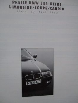 BMW 3er Reihe Limousine Coupé Cabrio E36 Preisliste 13.April 1993