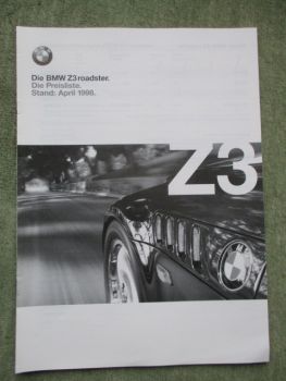 BMW Z3 Roadster E36/7 1.8 2.8 M roadster April 1998 Preisliste