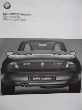 BMW Z3 Roadster +coupé E36/7 E36/8 1.8 2.0 2.8 +M Roadster Coupé April 1999 Preisliste