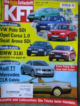 kft die Autozeitschrift 6/1998 BMW 318i E36 vs. E36,VW Polo SDI,Opel Corsa B 1.0 12V,Arosa SDi,TT,CLK Cabrio w208