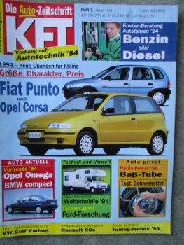 kft die Autozeitschrift 1/1994 Fiat Punto und Opel Corsa B, BMW e36/5, Omega B Caravan, zender Astra F,Renault Laguna