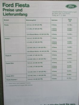 Ford Fiesta Preise & und Lieferumfang +L +S +Ghia +XR 2 k+Express Preisliste 7.2.1984
