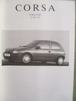 Opel Corsa B Preisliste 26. März 1993 Eco Swing Joy 33kw 44kw 60kw Diesel 37kw 49kw