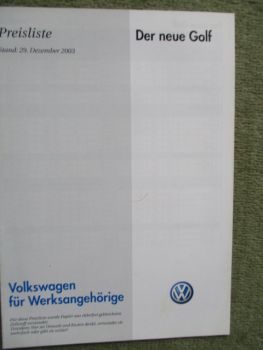 VW Golf IV Preisliste FSI Trendline Comfortline Sportline TDI 2.10.2003 Werksangehörige
