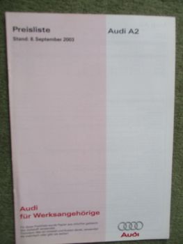 Audi A2 Typ 8Z Preisliste 1.4 1.6FSI 1.4TDI 1.2TDI +colour.storm +S line Werksangehörigen Preisliste 8.9.2003